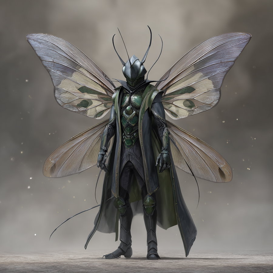 A humanoid fantasy character wearing intricate armor resembling an insect with large, detailed translucent wings and antennae, standing against a muted background.