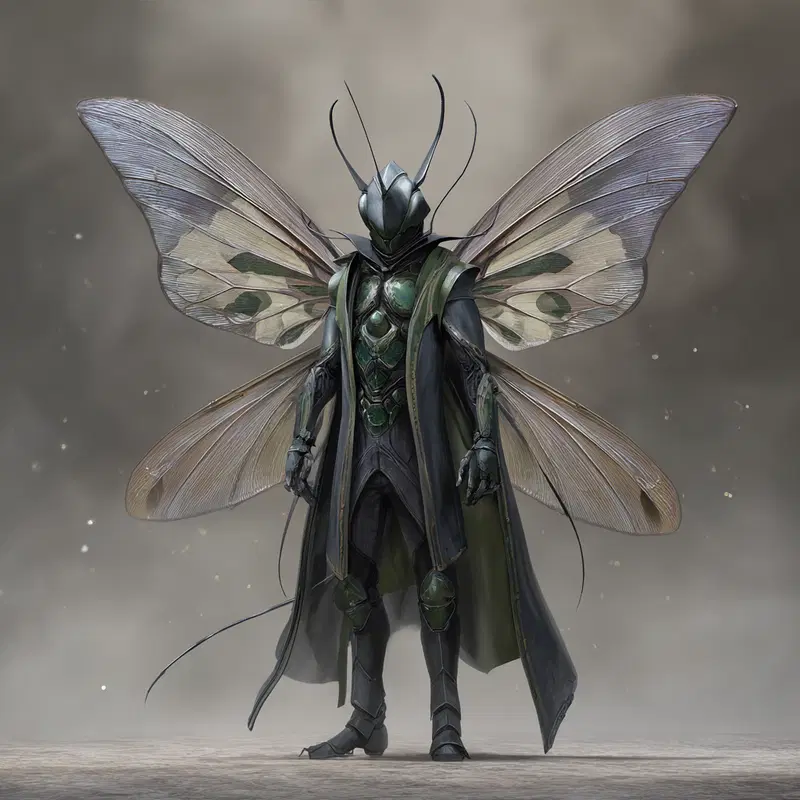 Detailed fantasy character design with insect inspired armor and wings