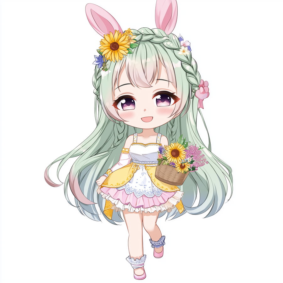 A chibi anime girl with long light green braided hair, purple eyes, and pink bunny ears, wearing a white and yellow dress with frills, holding a basket filled with colorful flowers, smiling on a white background.