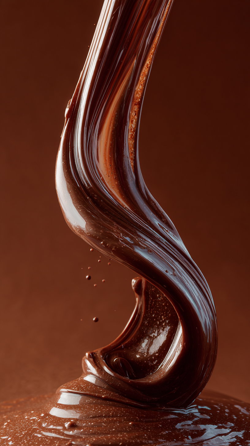 A detailed close-up image of thick, glossy, melted dark chocolate swirling and folding with small droplets and a smooth texture on a brown background.