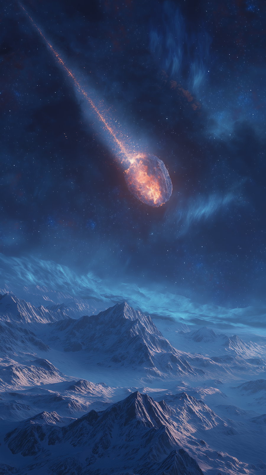 A large meteor glowing with intense fire and sparks falling through a dark, star-filled sky above a snowy mountain landscape.