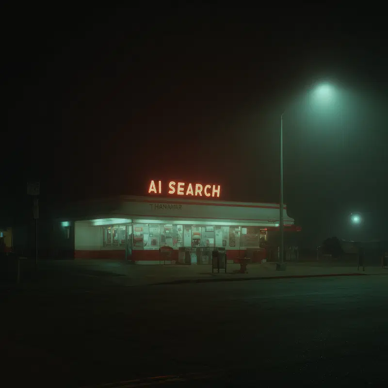 Nighttime view of a dimly lit vintage store with neon sign AI SEARCH