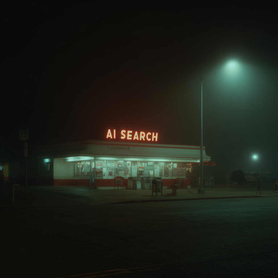 A vintage store at night illuminated by a red neon sign saying AI SEARCH and street lamps casting a teal light, with dark and foggy surroundings and an empty street in the foreground.