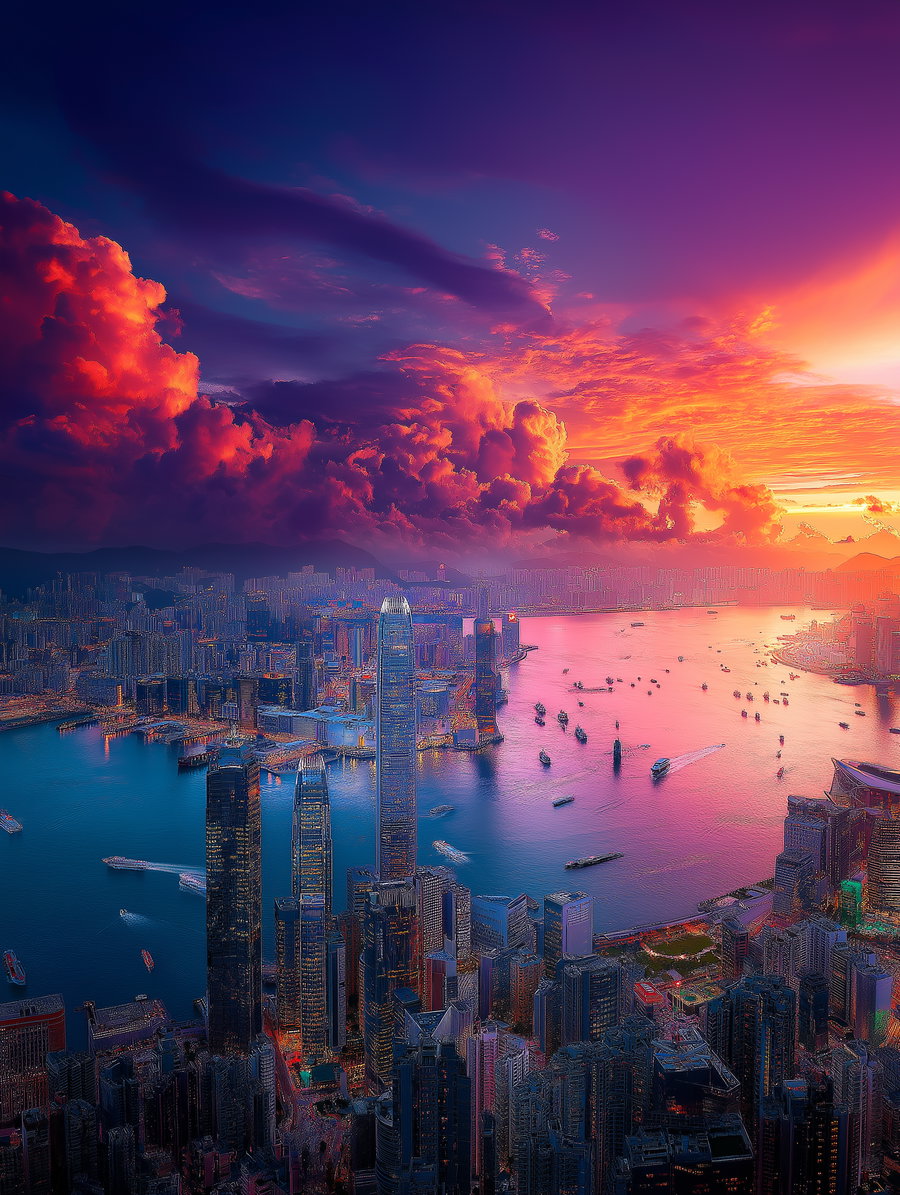 A dramatic aerial view of a modern city skyline at sunset with a large body of water filled with boats, towering skyscrapers illuminated by city lights, and vibrant clouds glowing in shades of orange, pink, and purple.