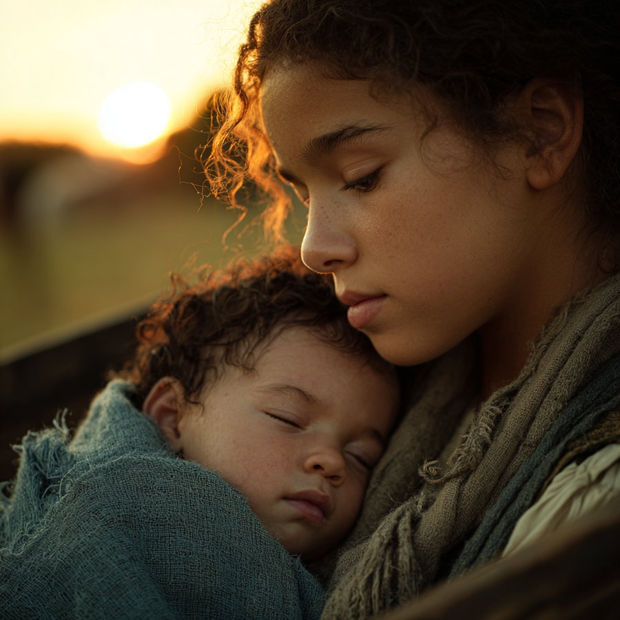 Close-up of a young woman with curly hair tenderly holding a sleeping baby wrapped in a blue blanket with warm sunset light in the background