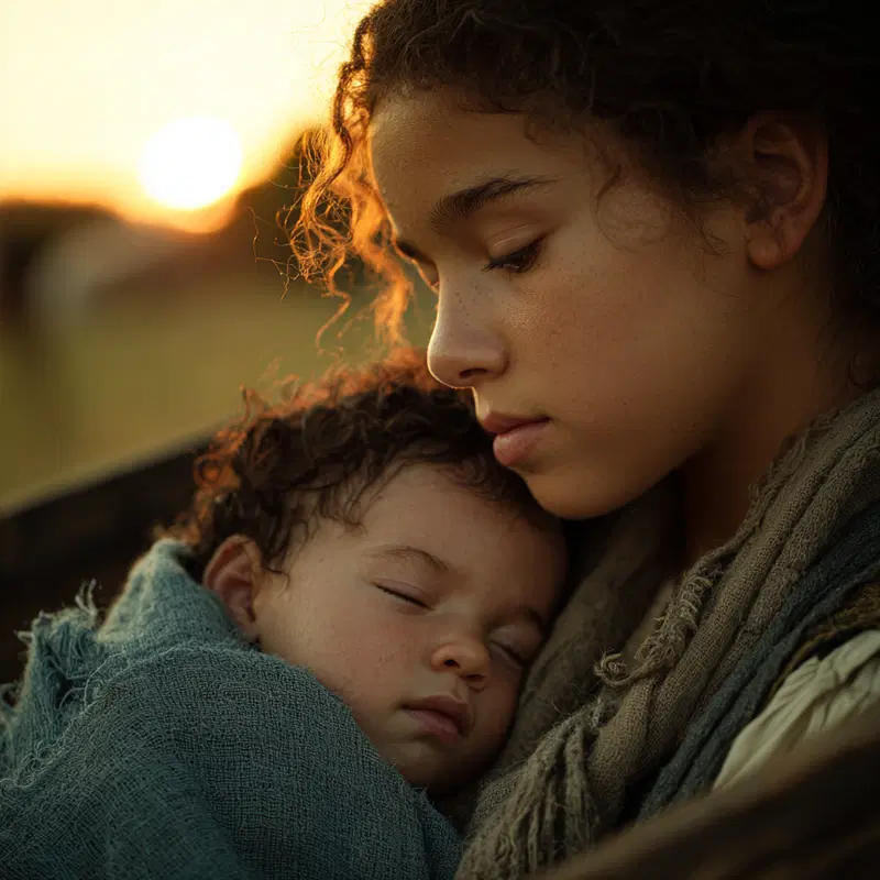 Tender emotional portrait of a young woman holding a sleeping baby at sunset