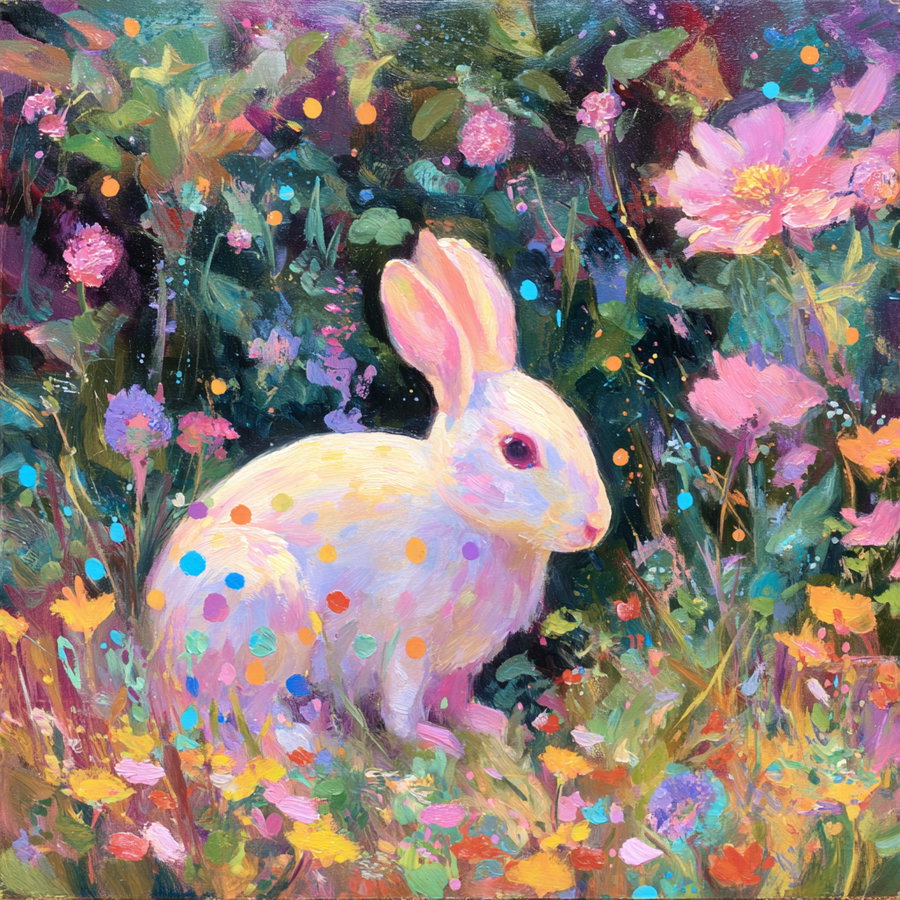A white rabbit surrounded by a variety of colorful flowers and plants with bright paint splatters throughout the scene