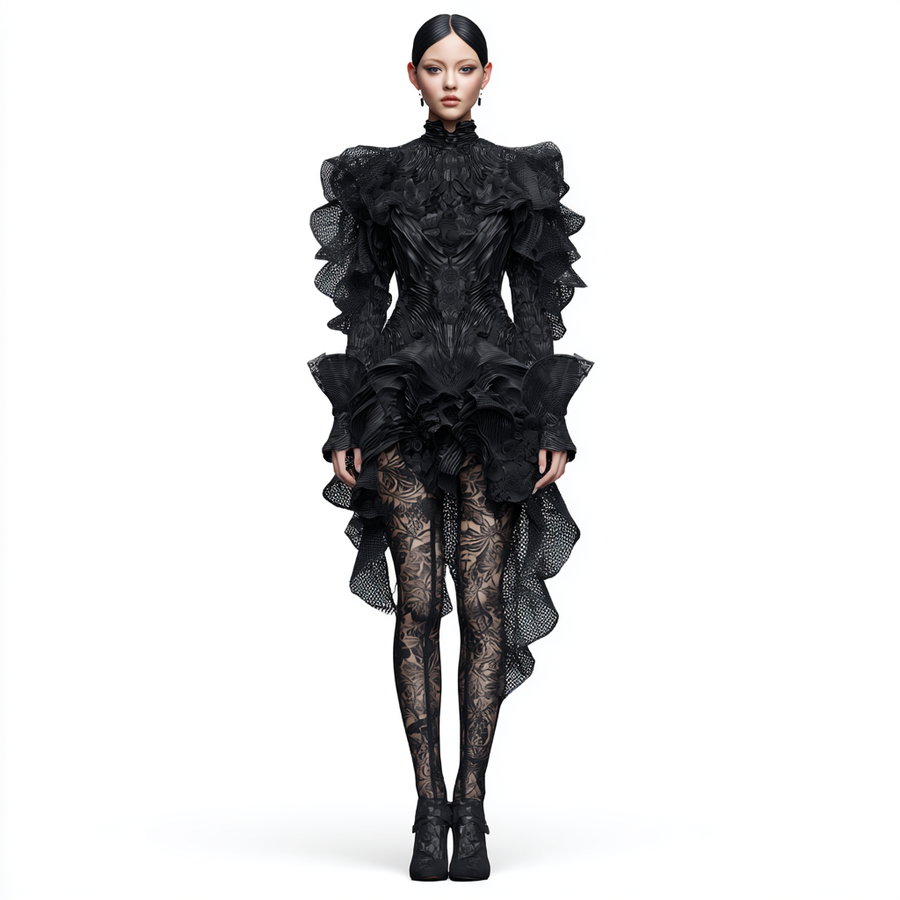 A woman standing against a white background wearing a detailed black lace dress with ruffled sleeves and patterned tights, paired with black shoes