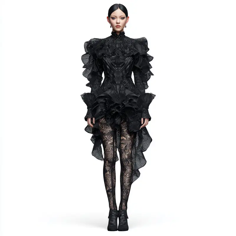 Full body portrait of a woman in an avant-garde black lace and ruffle fashion outfit
