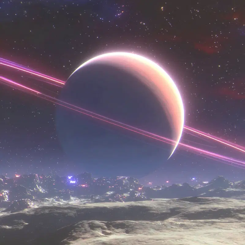 Futuristic digital art of a planet with glowing rings above rocky terrain
