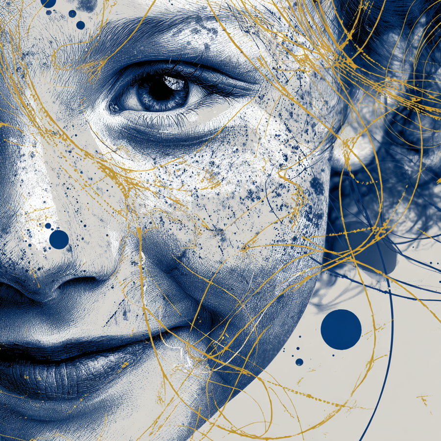 Close-up of a woman's face with intricate blue shading and gold abstract paint splatters and lines overlaying the image