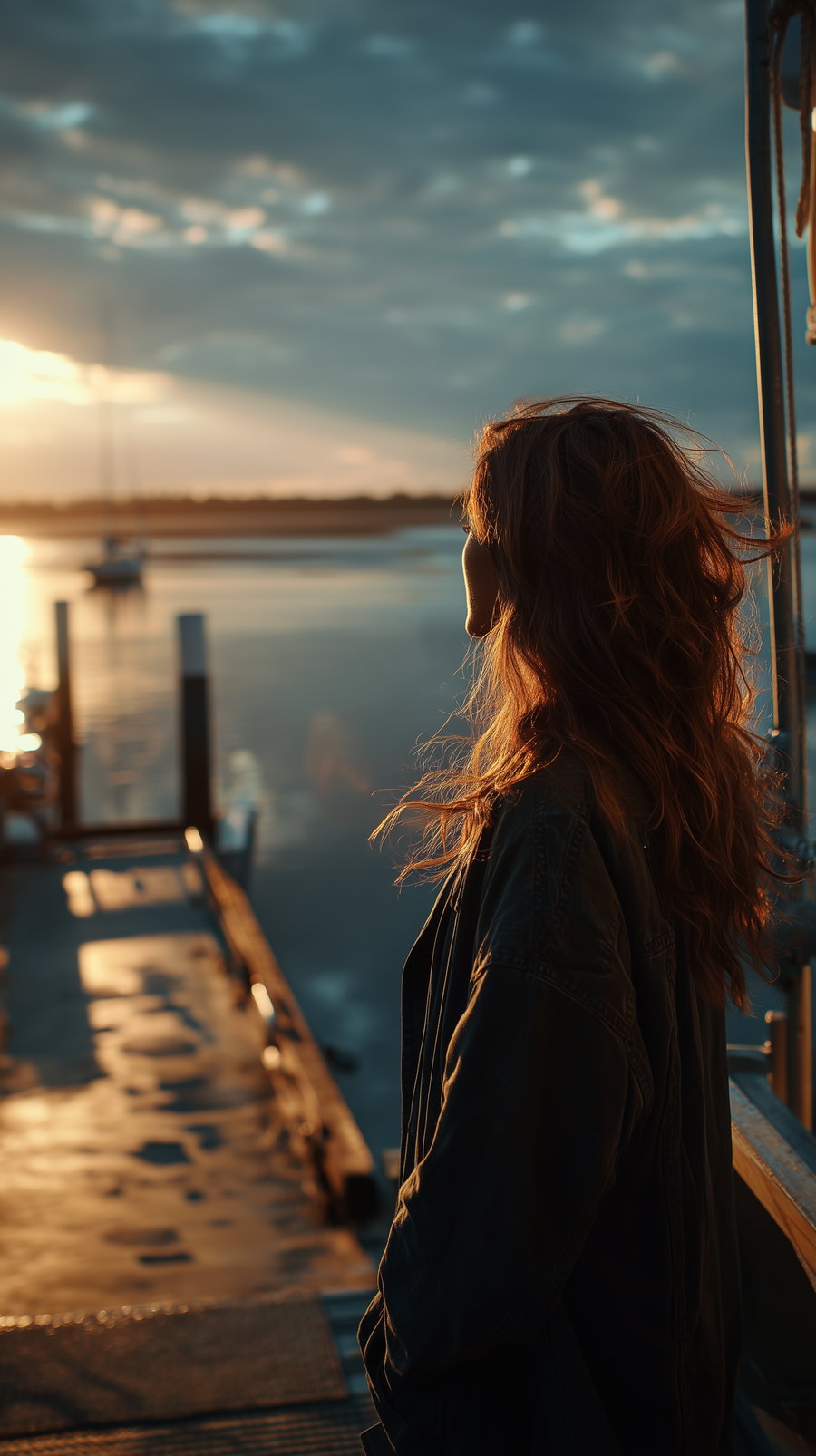 A woman with long flowing hair and a denim jacket looking out over a body of water at sunset with a dock and boats in the background