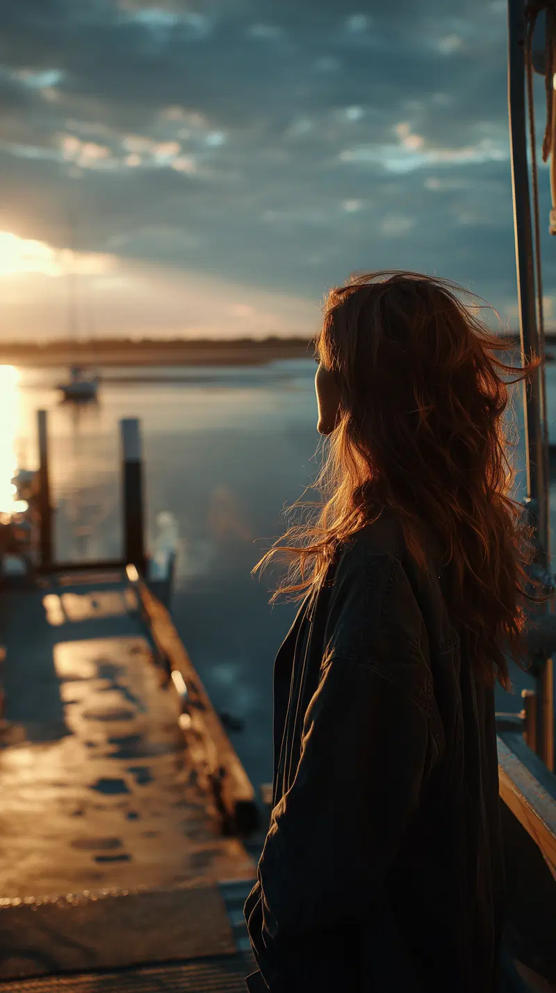 Backlit portrait of a woman with flowing hair at sunset by the water