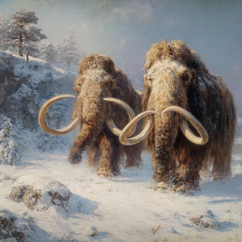 Realistic painting of two woolly mammoths in a snowy prehistoric landscape