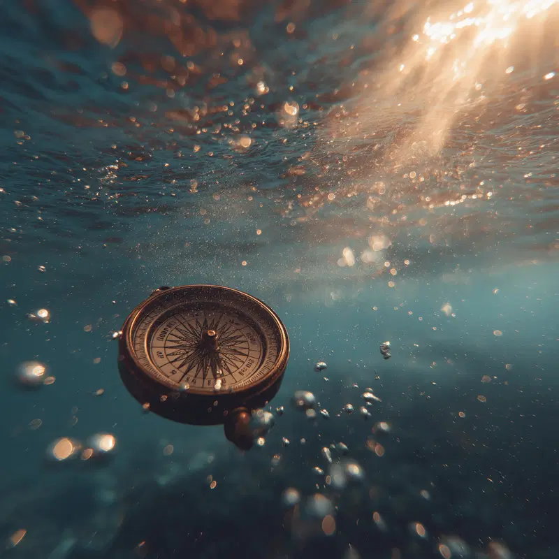 Vintage compass submerged underwater with sunlight filtering through