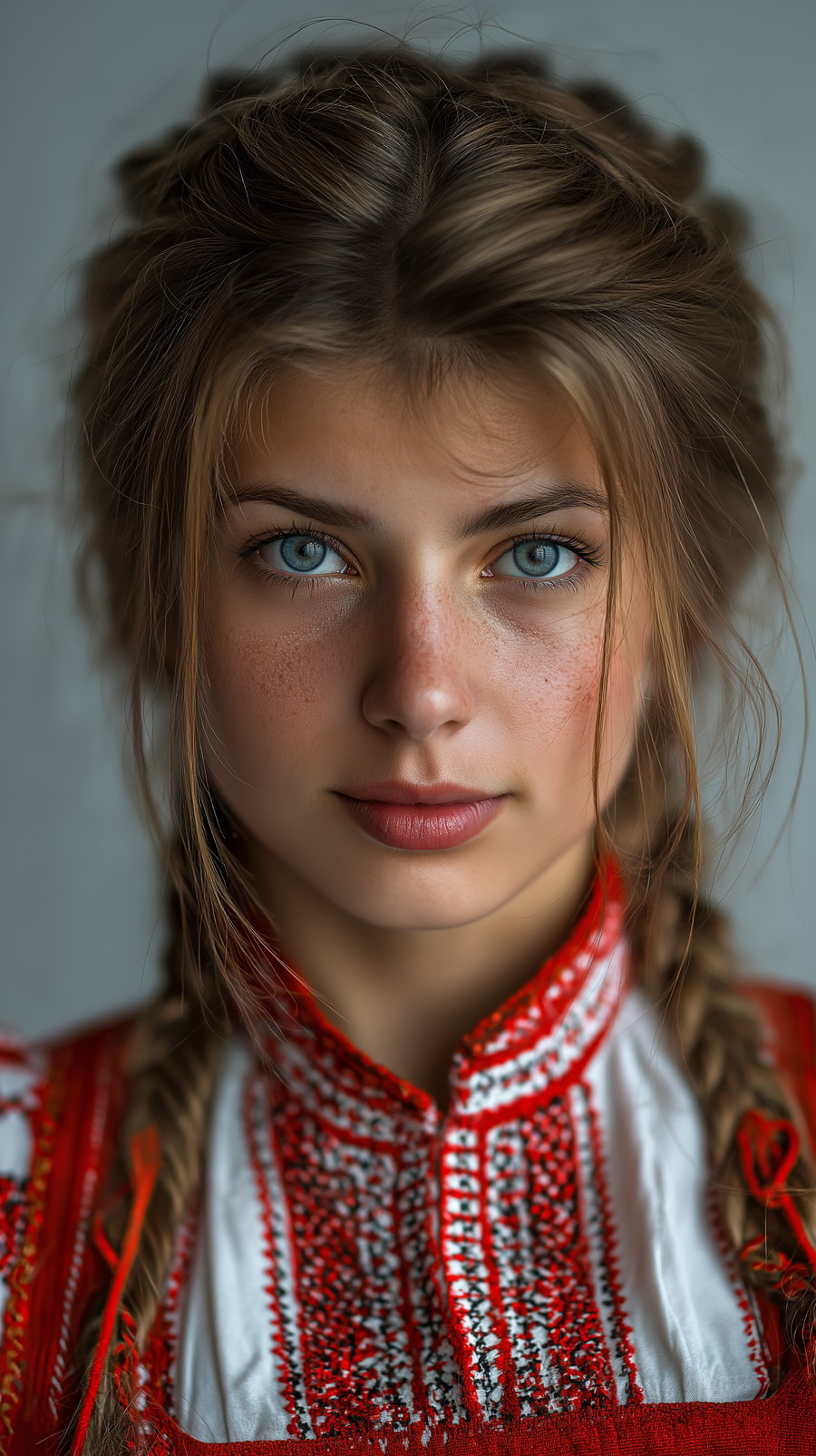 A young woman with blue eyes and light brown braided hair wearing a red and white traditional embroidered dress looking directly at the camera with a neutral background.