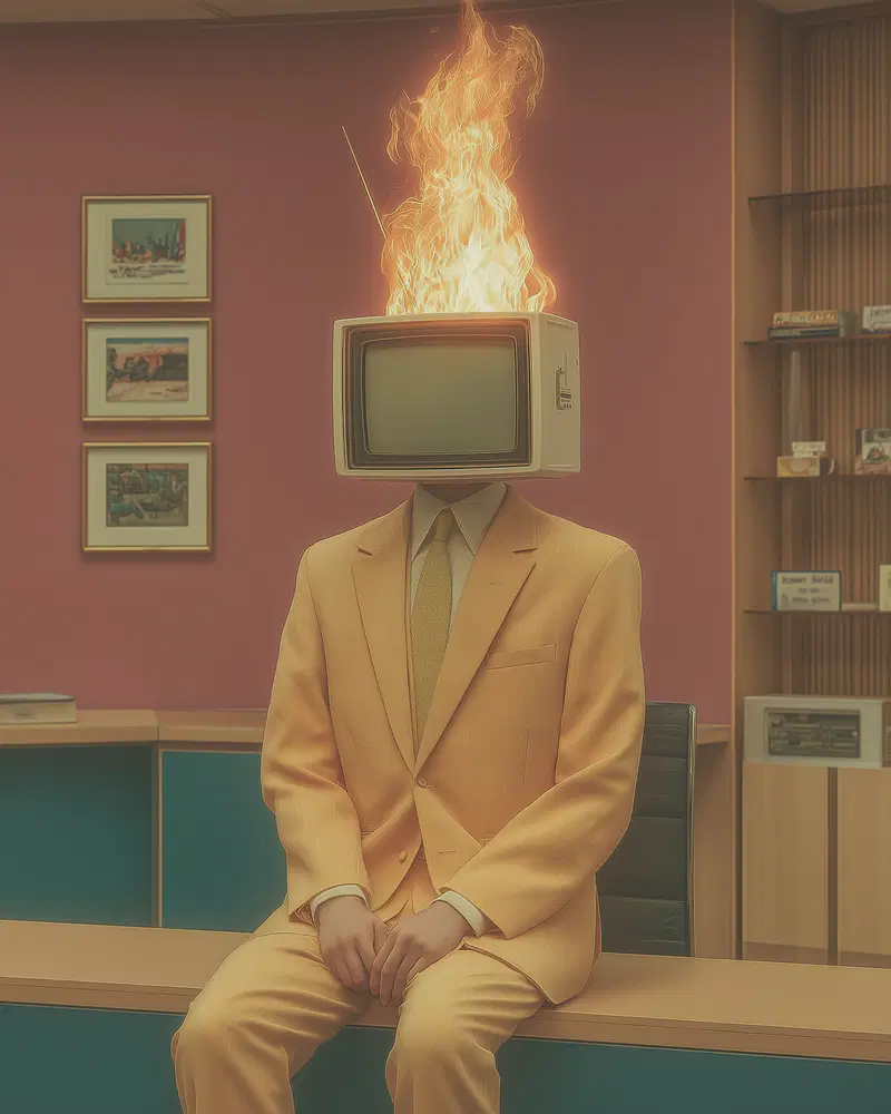 Surreal digital artwork of a person in a yellow suit with a vintage TV for a head on fire