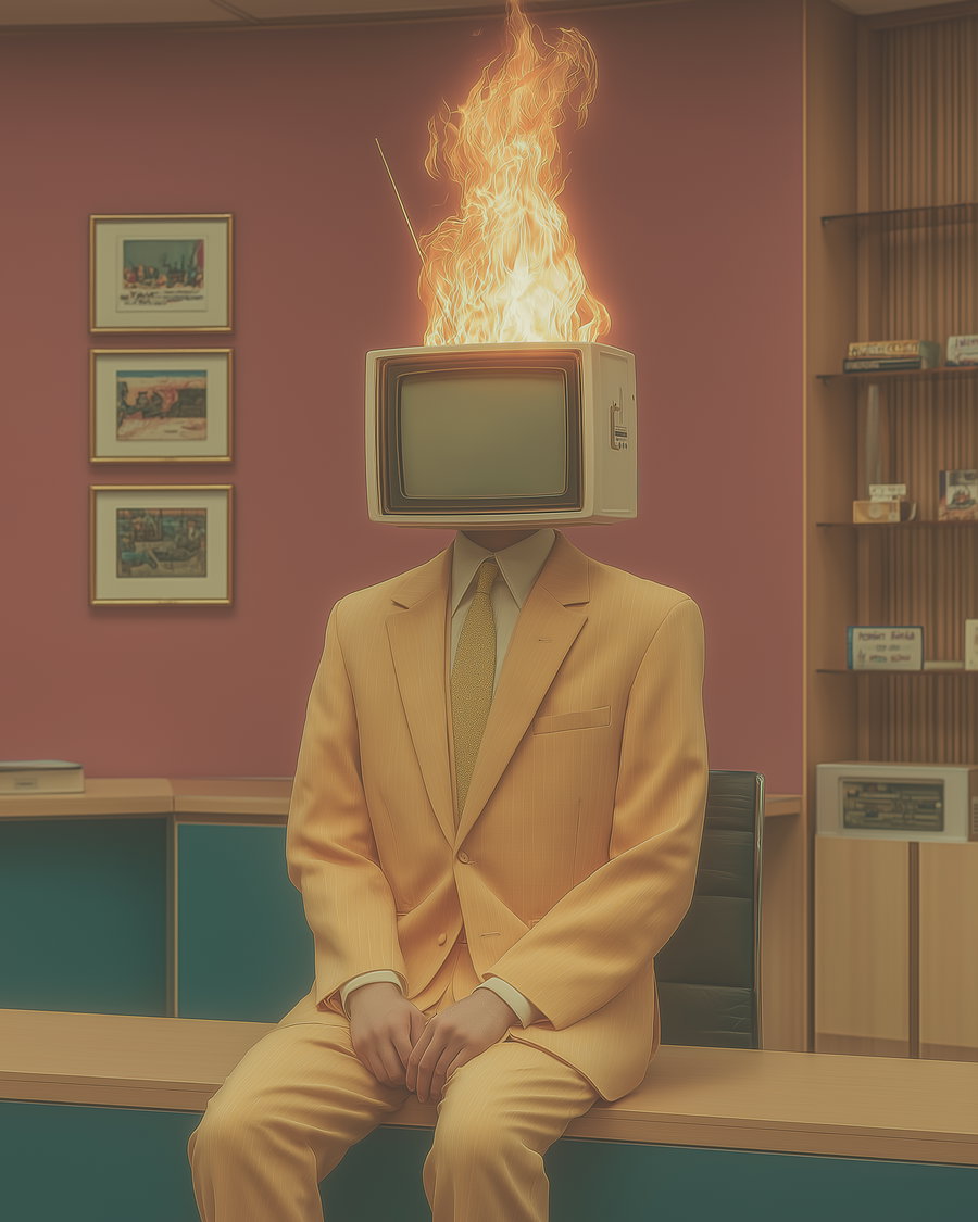 Person sitting on a desk wearing a yellow suit and tie with a vintage television set as head, from which flames are rising, in a retro styled room with red walls and framed pictures
