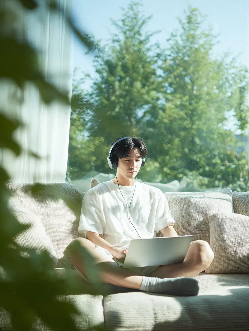 Young man wearing headphones working on a laptop seated on a sofa