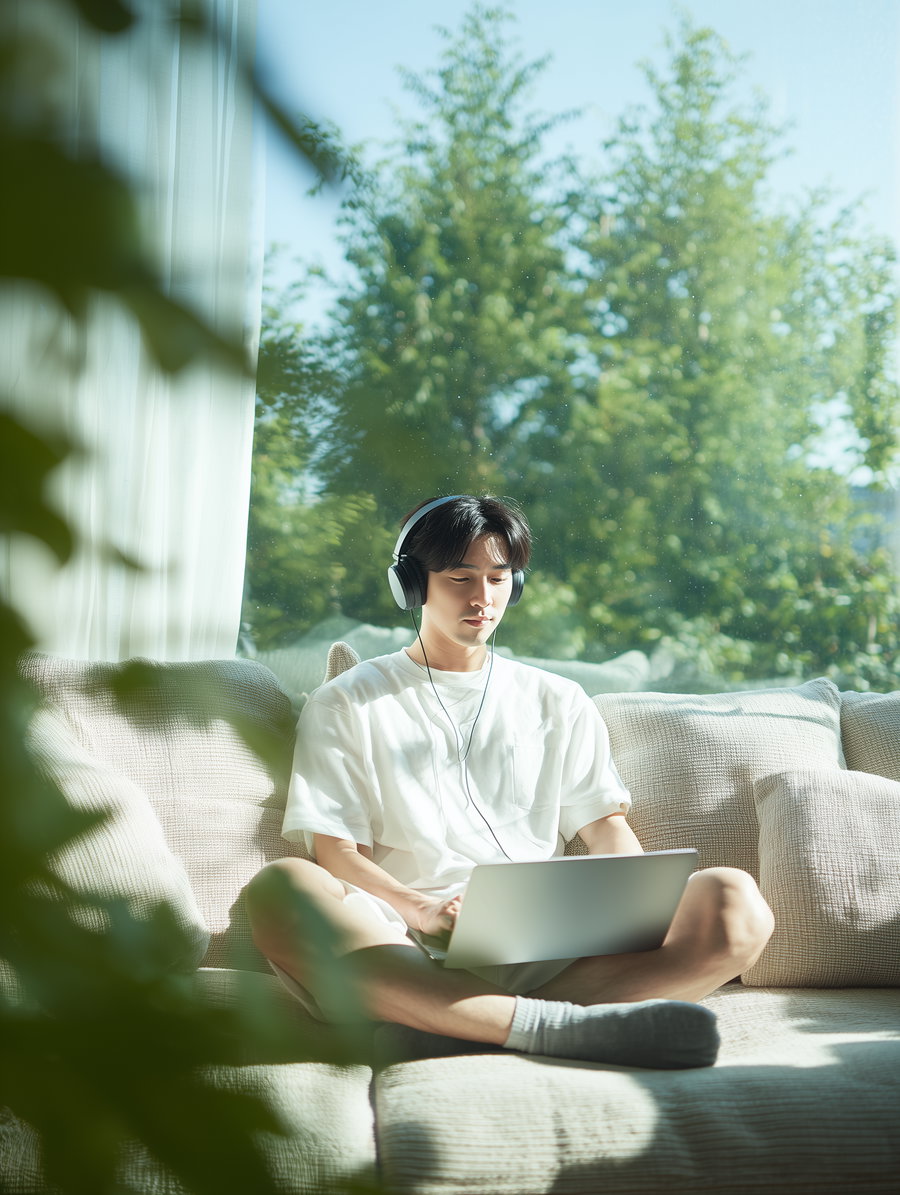 A young man in a white t-shirt and socks sits cross-legged on a beige sofa with cushions, wearing black headphones and using a laptop, with a large window showing green trees in the background