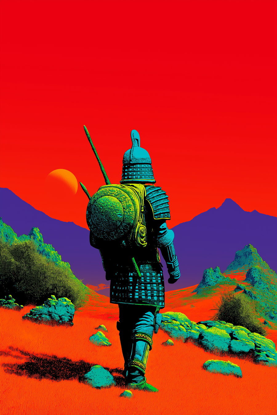 A figure wearing detailed blue and green armor and carrying a round shield and a spear walking on an orange grassy landscape with rocky hills and mountains under a red sky with a setting sun