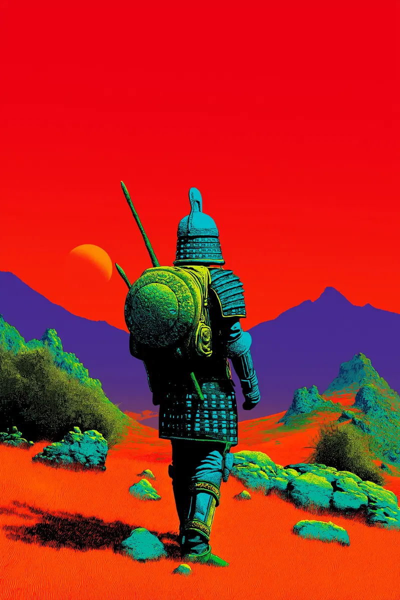 Vivid fantasy illustration of a lone armored warrior in an alien landscape