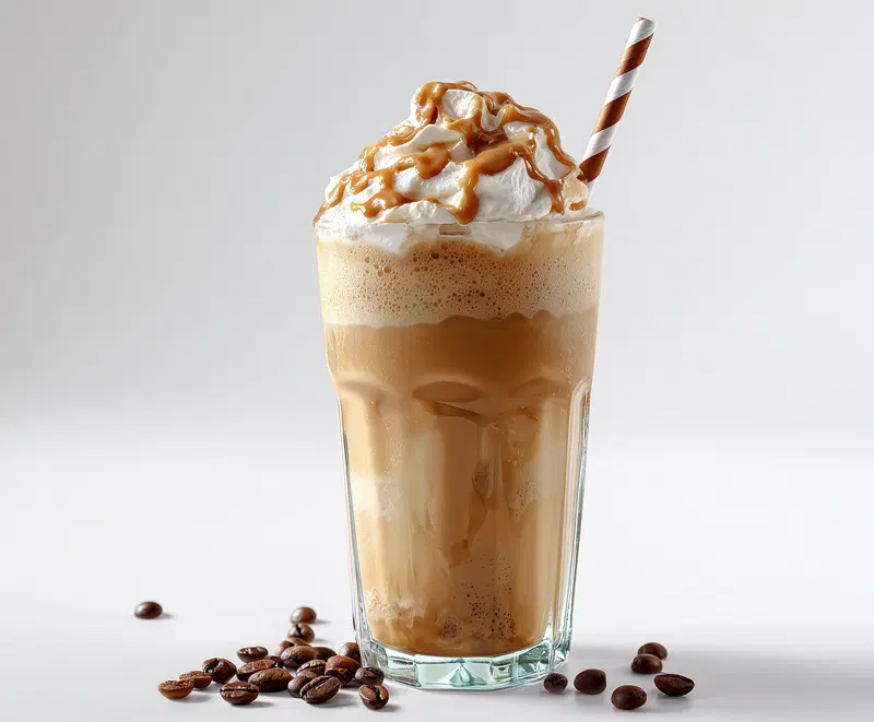 Close-up of a glass of iced coffee topped with whipped cream and caramel drizzle