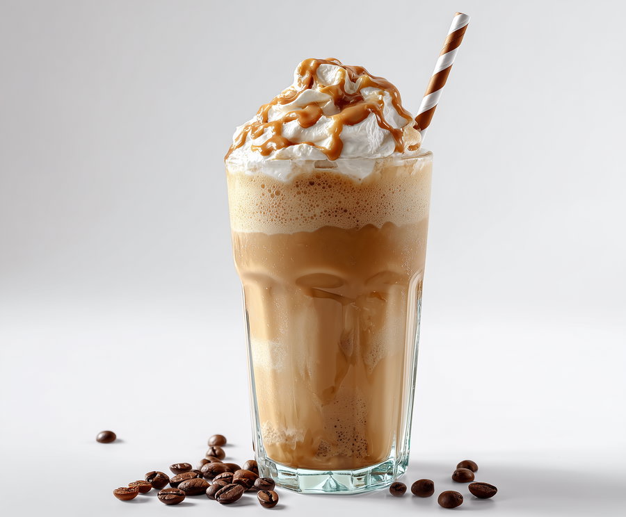 A clear glass filled with iced coffee, topped with whipped cream and caramel syrup, with a striped straw and scattered coffee beans around the base on a white background.