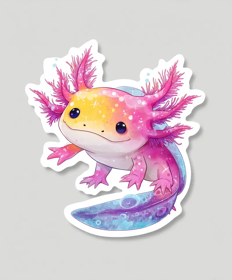 Colorful and whimsical illustration of a cute axolotl in vibrant watercolor style