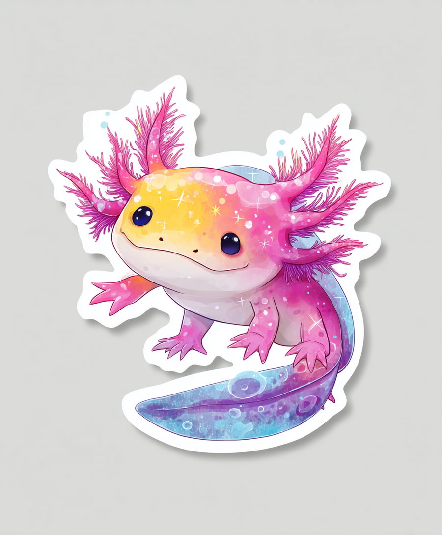 A bright and colorful watercolor-style illustration of a cute axolotl with pink and yellow hues and blue tail markings, featuring detailed feathery gills and large expressive eyes on a light gray background.
