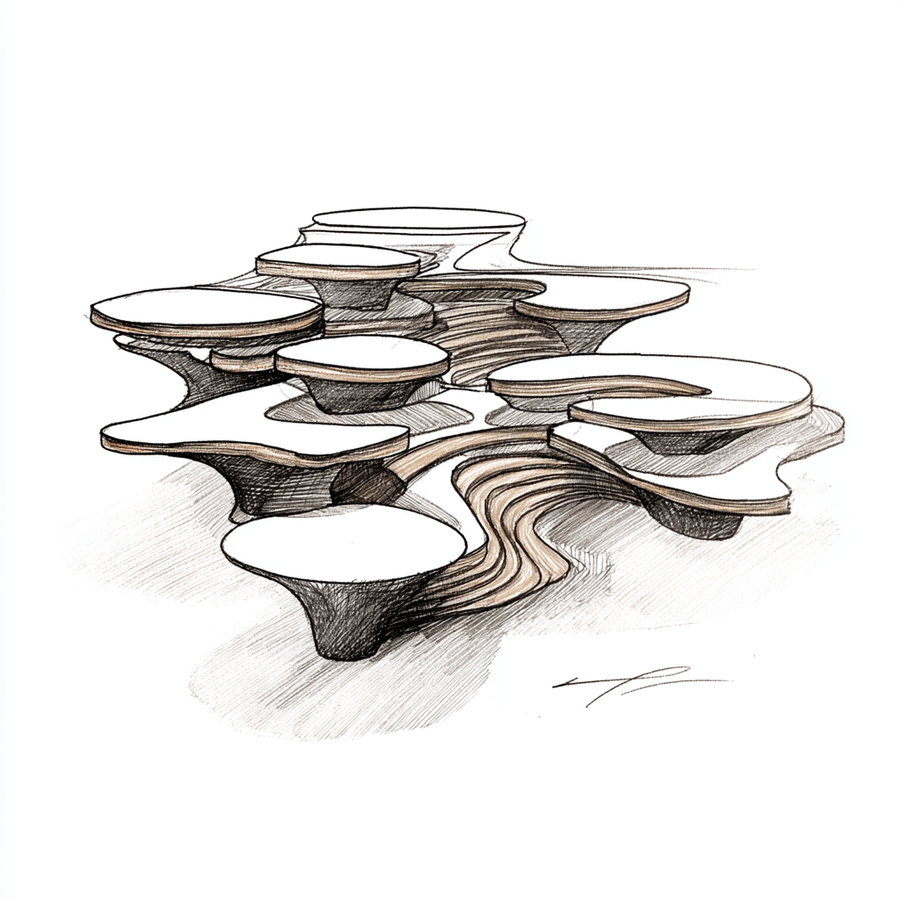 Black and brown sketch of an architectural design featuring multiple rounded elevated platforms connected by flowing pathways