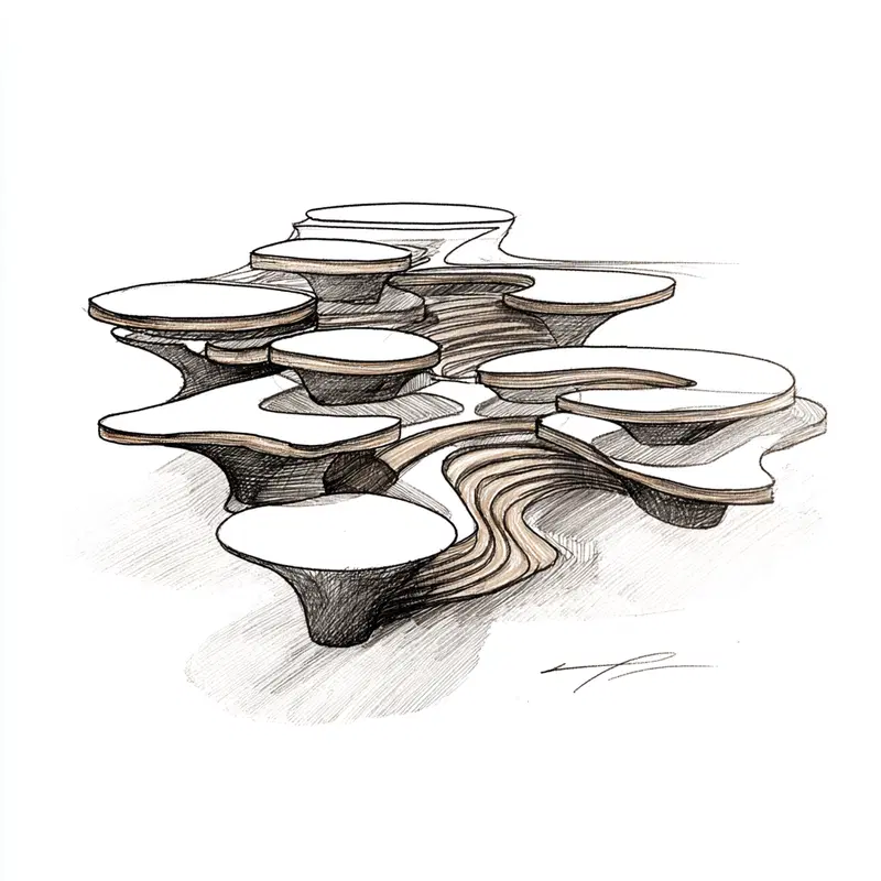 Conceptual sketch of an innovative architectural structure with rounded platforms