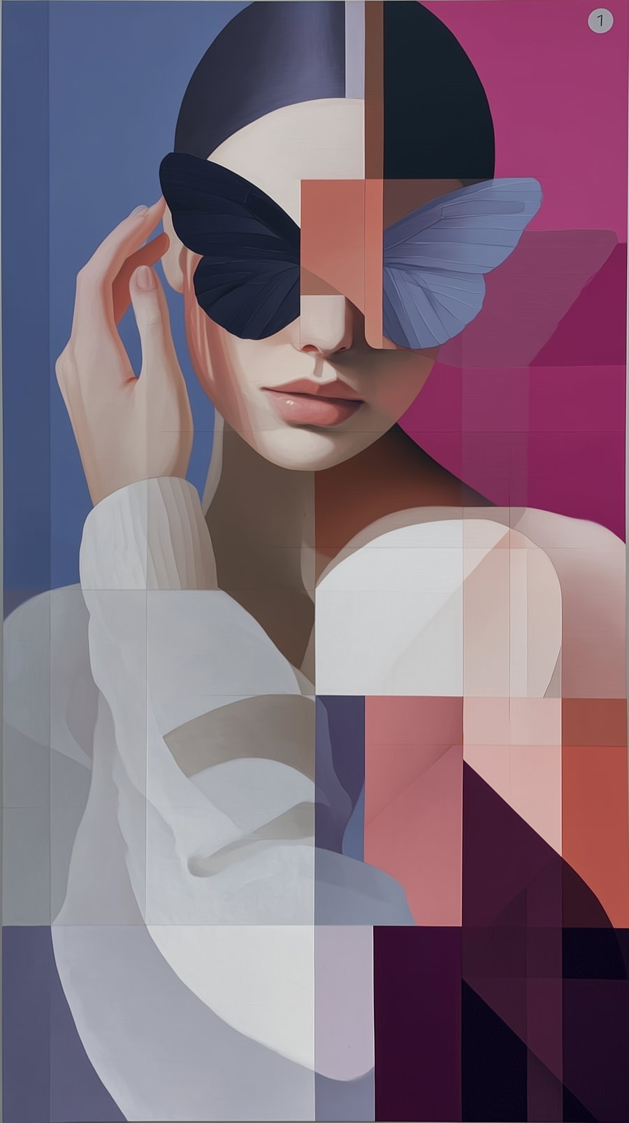 Digital painting of a woman with a pale face and fingers touching near her forehead, wearing a white top, featuring butterfly wings covering her eyes, rendered in geometric style with purple and pink background tiles.