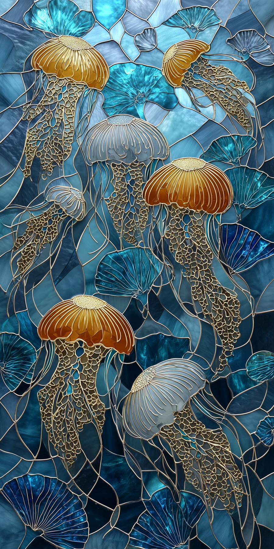 Detailed stained glass art depicting multiple jellyfish with golden and silver outlines against a background of various shades of blue resembling underwater scenery