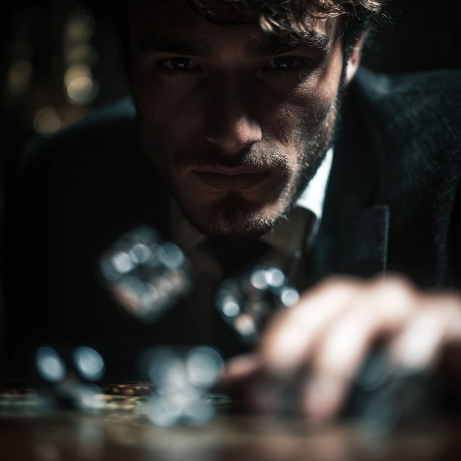 Close-up view of a man with a focused expression throwing dice towards the camera, with dice in mid-air and blurred hand in the foreground