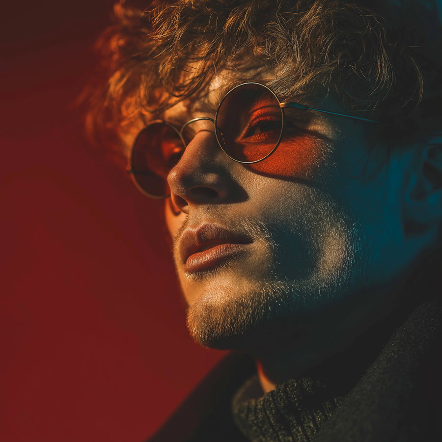 Portrait of a man with curly hair and light facial hair wearing round orange-tinted sunglasses, illuminated by warm and cool colored lighting on a dark background