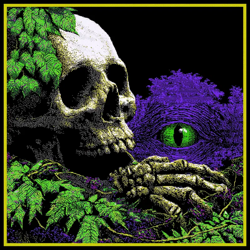 A detailed dark fantasy artwork of a skull and skeletal hand among green leaves with a large green eye in the background