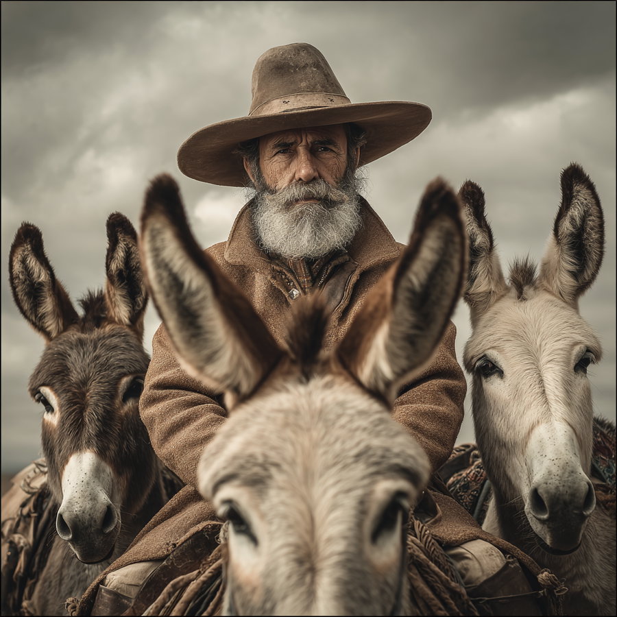 A serious bearded man in a brown coat and wide hat is surrounded by three donkeys with their ears prominently visible, under a cloudy sky.