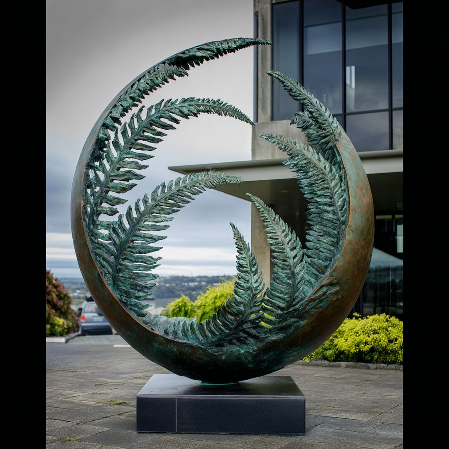 Large circular sculpture with detailed fern leaf patterns, situated outdoors on a stone pavement near a modern building