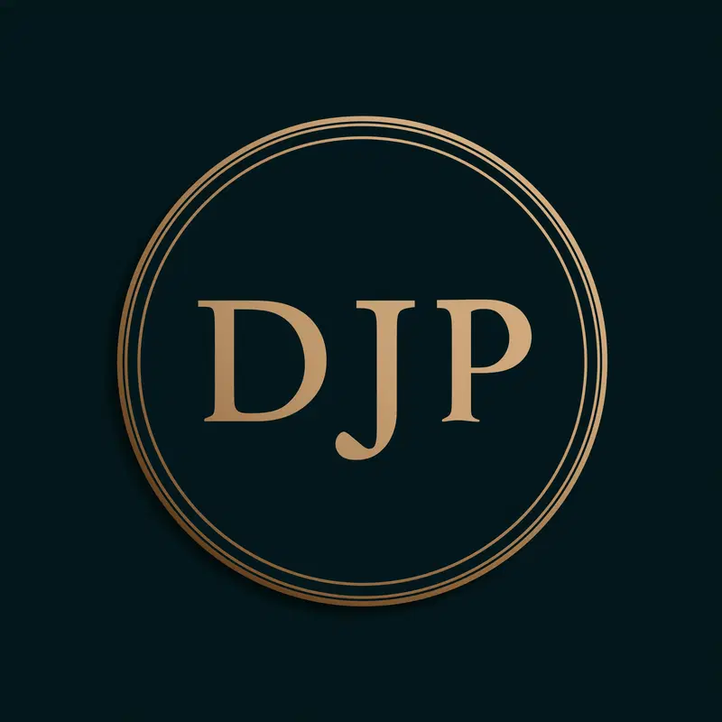 Minimalist logo design with gold DJP lettering and circular border on dark background