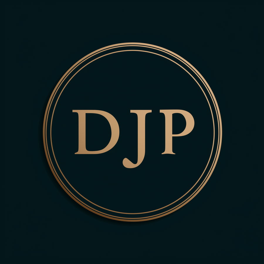 Logo with the letters DJP in gold inside two concentric gold circles on a dark background
