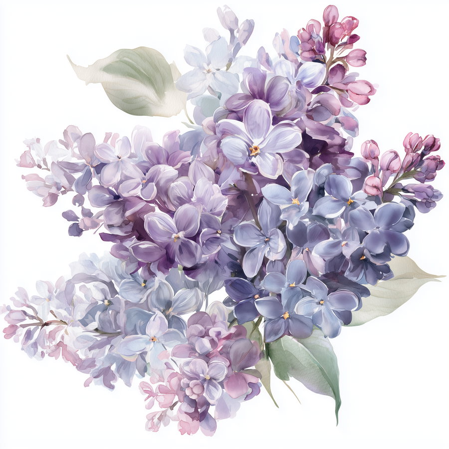 A detailed watercolor illustration of lilac flowers in shades of purple, lavender, and pink with green leaves on a white background.