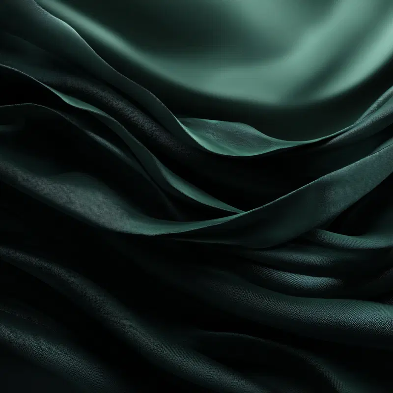 Close-up view of flowing dark green fabric with intricate texture and folds