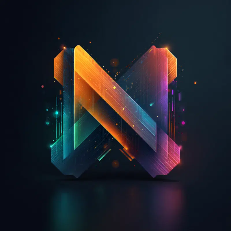 Vibrant colorful 3D digital illustration of glowing abstract shapes with circuitry patterns