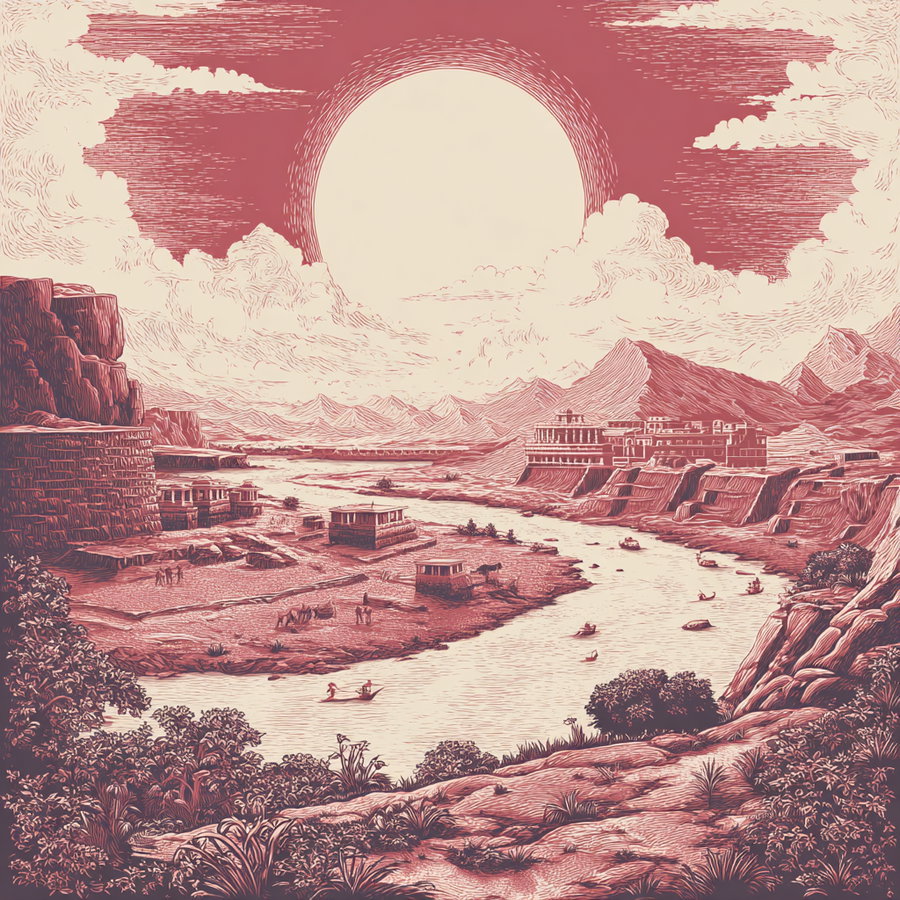 A detailed landscape artwork featuring a river flowing through a valley with ancient buildings on both sides, surrounded by mountains and large clouds with a prominent sun in the sky.