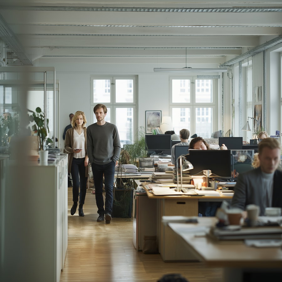 An open office interior with several people working at desks with computers and papers, two individuals walking down a walkway between desks, large windows letting in natural light, and office plants and accessories around