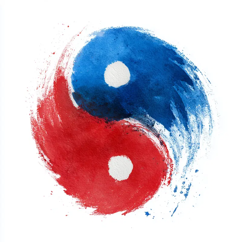 Abstract watercolor painting of a yin-yang symbol in red and blue hues