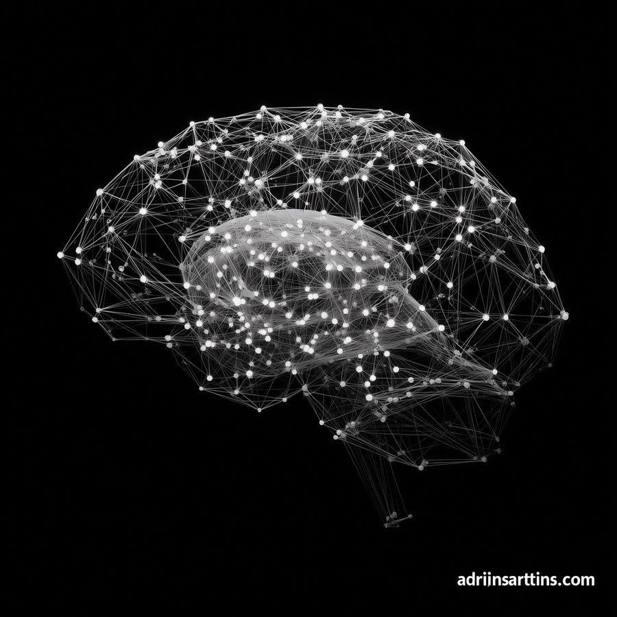 3D digital art of a brain structure composed of interconnected white glowing nodes and lines on a black background