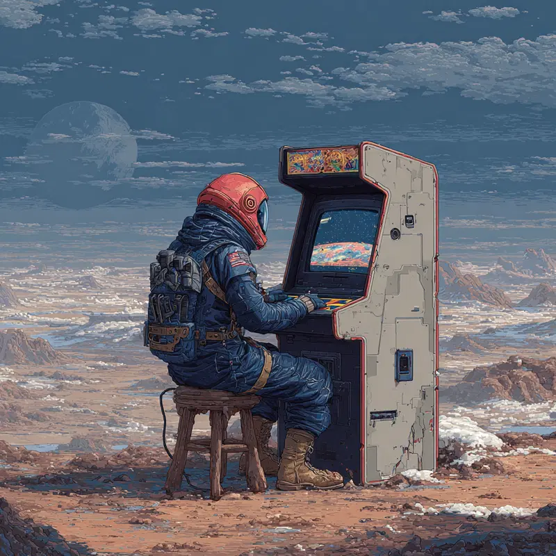 Sci-fi art of an astronaut playing an arcade game on a desolate planet