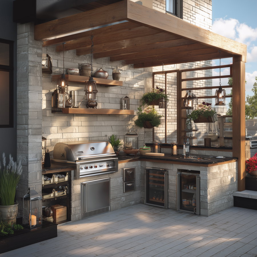 Outdoor kitchen space with stone walls and wooden pergola, featuring a stainless steel grill, hanging lanterns, shelves with pottery, hanging plants, and countertop appliances.
